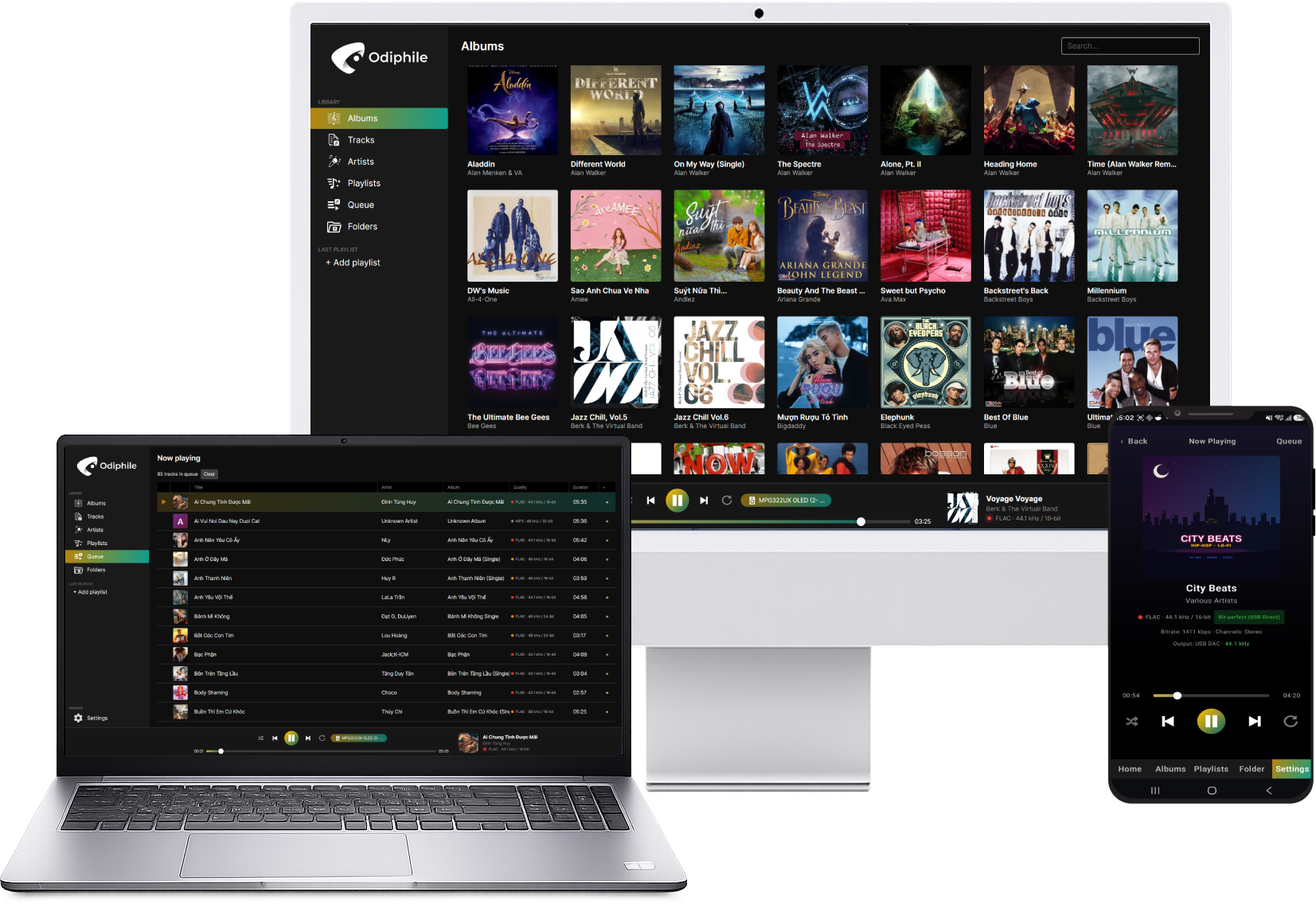 Odiphile Hi-Res music player running on laptop, desktop monitor and phone
