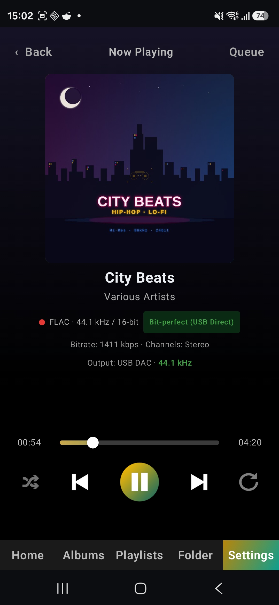 Odiphile Hi-Res music player — Now Playing screen